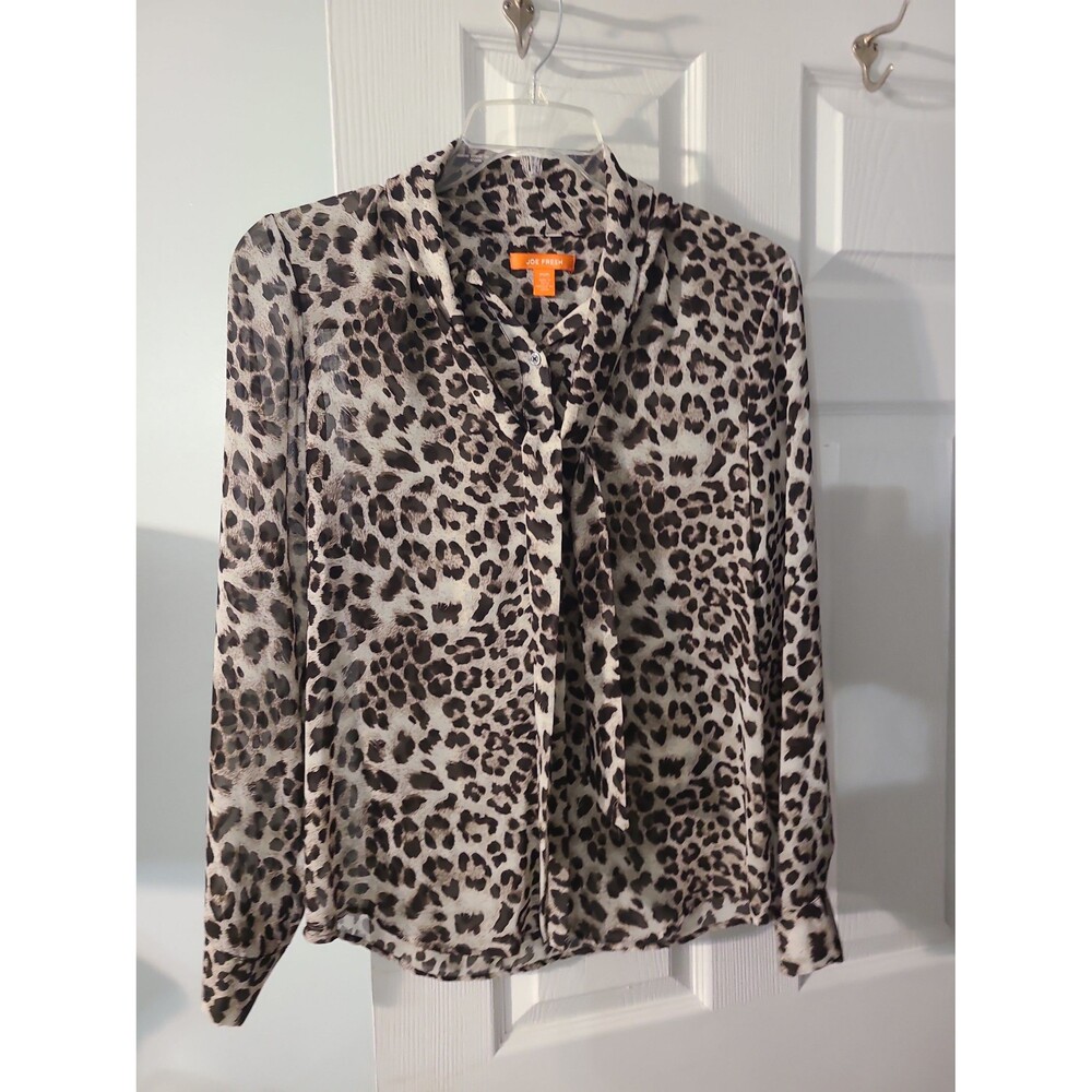 Joe Fresh Animal Print Tie Neck Blouse featuring a cream and black leopard sz M